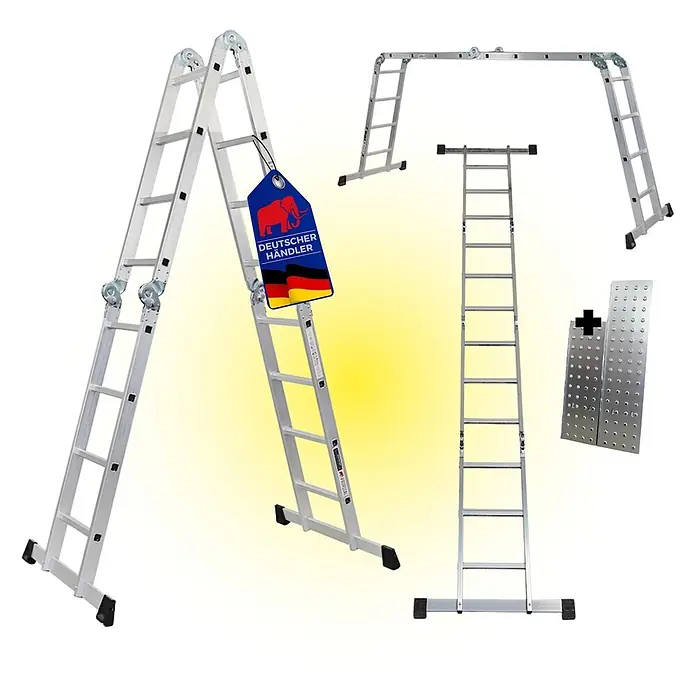Proregal Leitergerüst Sprossen-Mehrzweckleiter MULTISTEP mit Gerüstplattform - Belastbarkeit Plattform: 150 kg - Silberne Aluminium-Mehrzweck-Klappleiter in verschiedenen Konfigurationen, inkl. Gerüstmodus und Plattform.