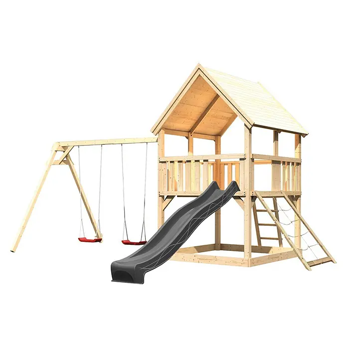 Karibu Kinderspielturm Set Luis 35 - L x B x H: 200 x 200 x 345 cm, Holz, Naturbelassen - Hölzernes Kinderspielhaus mit Rutsche und zwei roten Schaukeln.