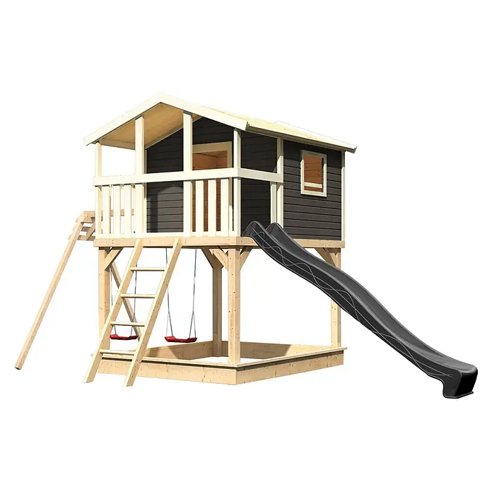Karibu Spielhaus Benjamin Set 27 - L x B x H: 244 x 198 x 309 cm, Holz, Terragrau - Hölzernes Spielhaus mit dunkelgrauem Haus, Rutsche und roten Schaukeln auf hellem Holzrahmen.