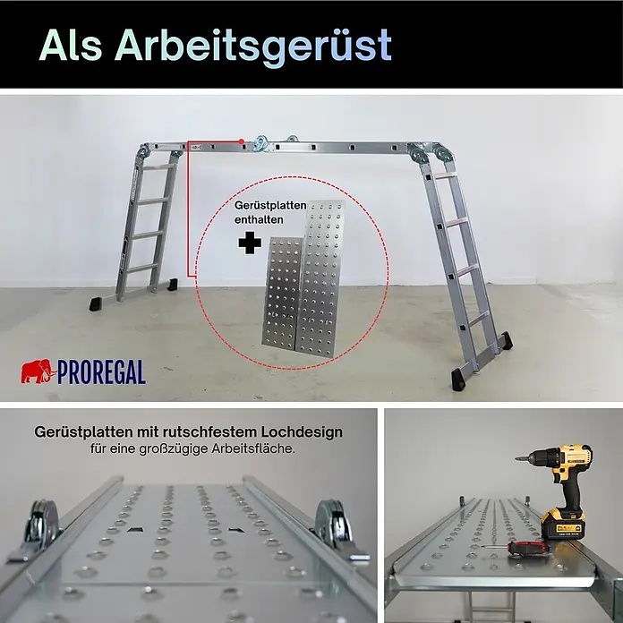 Proregal Leitergerüst Sprossen-Mehrzweckleiter MULTISTEP mit Gerüstplattform - Belastbarkeit Plattform: 150 kg - Aluminium-Mehrzweckleiter als Arbeitsgerüst mit rutschfesten perforierten Platten.