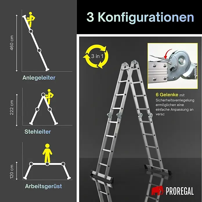 Proregal Leitergerüst Sprossen-Mehrzweckleiter MULTISTEP mit Gerüstplattform - Belastbarkeit Plattform: 150 kg - Silberne Mehrzweckleiter, die sich in Anlegeleiter, Stehleiter und Arbeitsgerüst verwandeln lässt, mit 6 Sicherheitsgelenken.