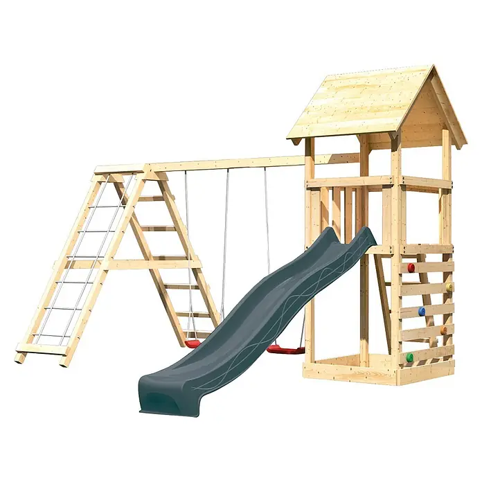 Karibu Kinderspielturm Set Lotti 71 - L x B x H: 107 x 107 x 291 cm, Holz, Naturbelassen - Hölzerner Spielturm mit Dach, dunkelgrauer Rutsche, zwei Schaukeln mit roten Sitzen und Kletterwand mit bunten Griffen.