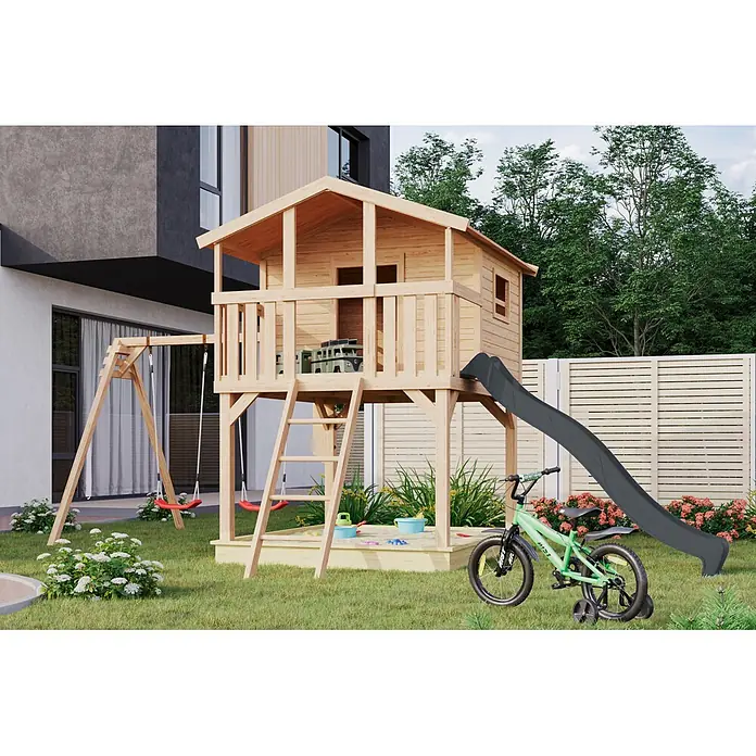 Karibu Spielhaus Benjamin Set 25 - L x B x H: 244 x 198 x 309 cm, Holz, Naturbelassen - Holzspielplatz mit erhöhtem Spielhaus, zwei Schaukeln, einer dunkelgrauen Rutsche und Sandkasten.