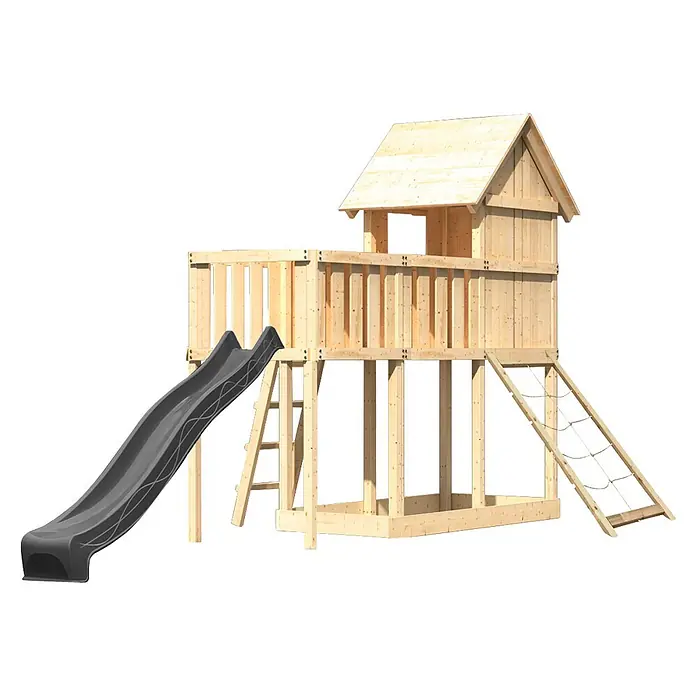 Karibu Spielhaus Set Frieda 55 - L x B x H: 107 x 107 x 291 cm, Holz, Naturbelassen - Holzspielhaus für draußen mit erhöhter Plattform, dunkler Rutsche, Leiter, Kletterseilwand und Sandkastenrahmen.