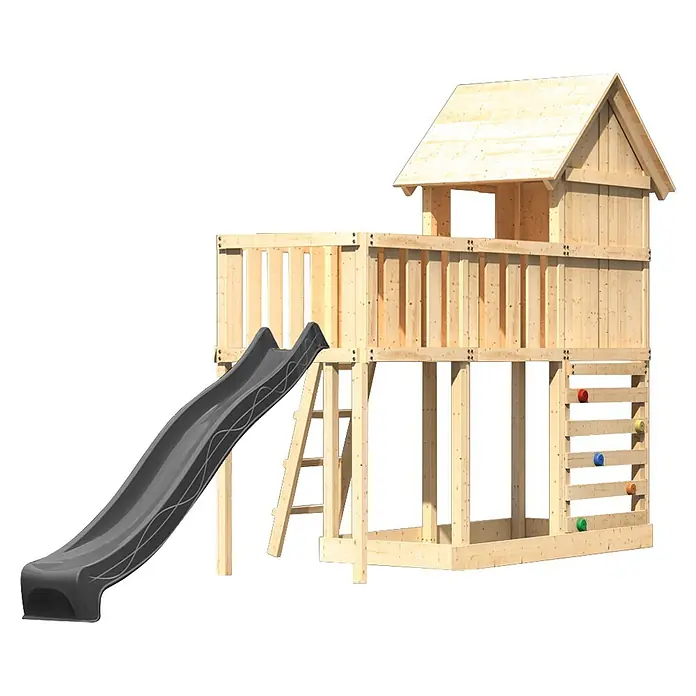 Karibu Spielhaus Set Frieda 62 - L x B x H: 107 x 107 x 291 cm, Holz, Naturbelassen - Hölzerner Outdoor-Spielplatz mit grauer Rutsche, Kletterwand und Spielhaus.