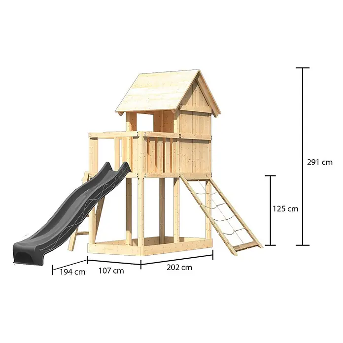Karibu Spielhaus Set Frieda 68 - L x B x H: 107 x 107 x 291 cm, Holz, Naturbelassen - Spielturm aus Holz mit dunkelgrauer Rutsche und Strickleiter, Maße angegeben.