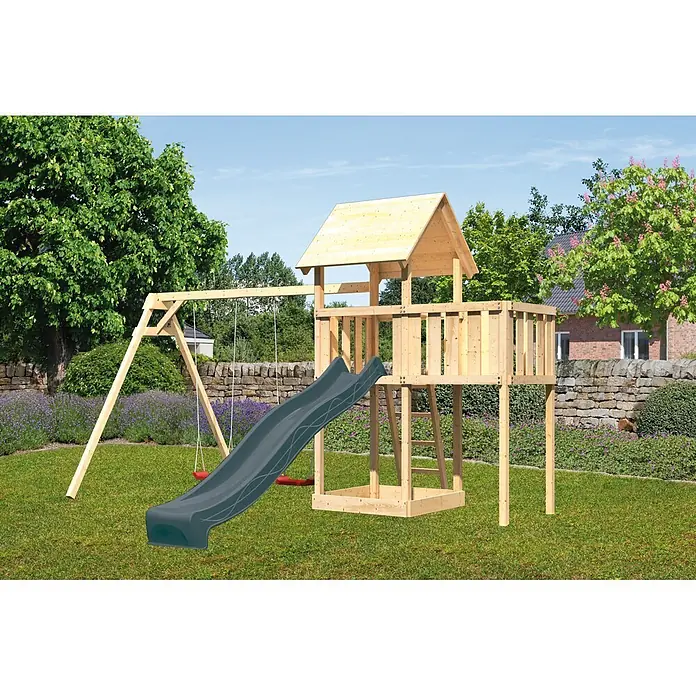 Karibu Kinderspielturm Set Lotti 65 - L x B x H: 107 x 107 x 291 cm, Holz, Naturbelassen - Ein großes Spielplatz-Set aus Holz mit Haus, einer dunkelgrauen Rutsche und zwei roten Schaukeln.
