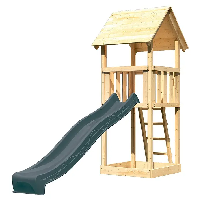 Karibu Kinderspielturm Set Lotti 56 - L x B x H: 107 x 107 x 291 cm, Holz, Naturbelassen - Holzspielturm mit grauer Rutsche, erhöhter Plattform und Leiter.