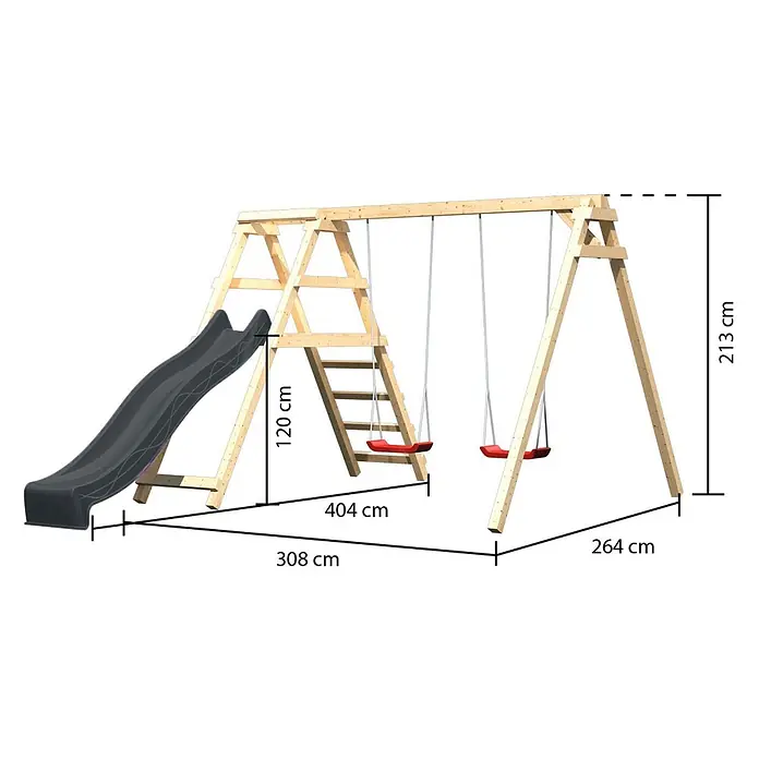 Karibu Doppelschaukel Felix mit Rutsche - L x B x H: 308 x 264 x 213 cm, Holz, Naturbelassen - Großes Holzspielset mit Rutsche, zwei roten Schaukeln und Kletterleiter.