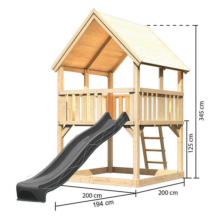 Karibu Kinderspielturm Set Luis 29 - L x B x H: 200 x 200 x 345 cm, Holz, Naturbelassen - Hölzernes Spielhaus mit erhöhter Plattform, grauer Rutsche und Leiter.
