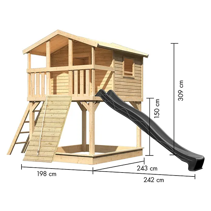 Karibu Spielhaus Benjamin Set 22 - L x B x H: 244 x 198 x 309 cm, Holz, Naturbelassen - Holzspielhaus aus hellem Holz mit schwarzer Rutsche, Leiter und Sandkasten.