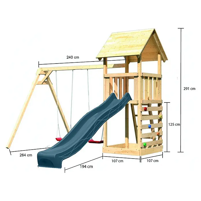 Karibu Kinderspielturm Set Lotti 57 - L x B x H: 107 x 107 x 291 cm, Holz, Naturbelassen - Hölzernes Spielset mit Rutsche, zwei Schaukeln und Kletterwand, ideal für Kinderspiel im Freien.