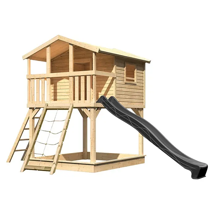 Karibu Spielhaus Benjamin Set 20 - L x B x H: 244 x 198 x 309 cm, Holz, Naturbelassen - Erhöhtes Kinderhaus aus Naturholz mit dunkelgrauer Rutsche, Leiter, Kletternetz und Sandkastenrahmen.