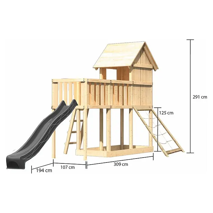 Karibu Spielhaus Set Frieda 55 - L x B x H: 107 x 107 x 291 cm, Holz, Naturbelassen - Hölzernes Spielhaus mit grauer Rutsche, Leiter, Kletternetz und Sandkastenrahmen, zeigt Maße für ein Outdoor-Spielset.