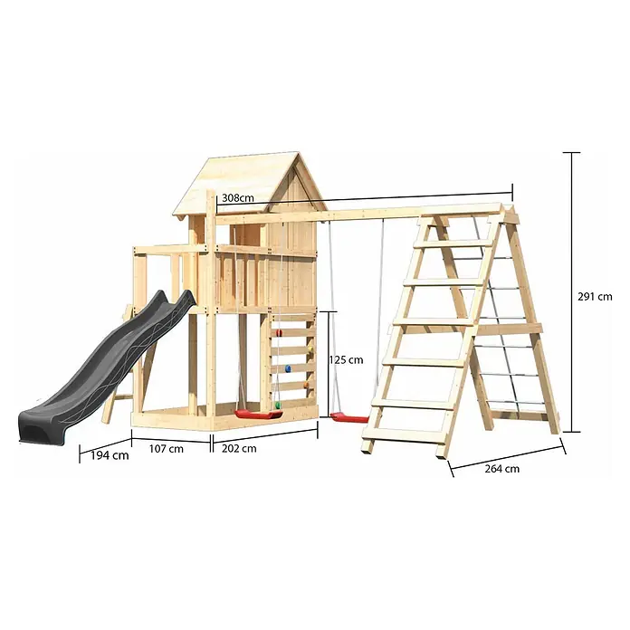 Karibu Spielhaus Set Frieda 70 - L x B x H: 107 x 107 x 291 cm, Holz, Naturbelassen - Hölzernes Kinderspielplatz mit dunkler Rutsche, zwei roten Schaukeln, Kletterwand und Turm, mit Maßen dargestellt.
