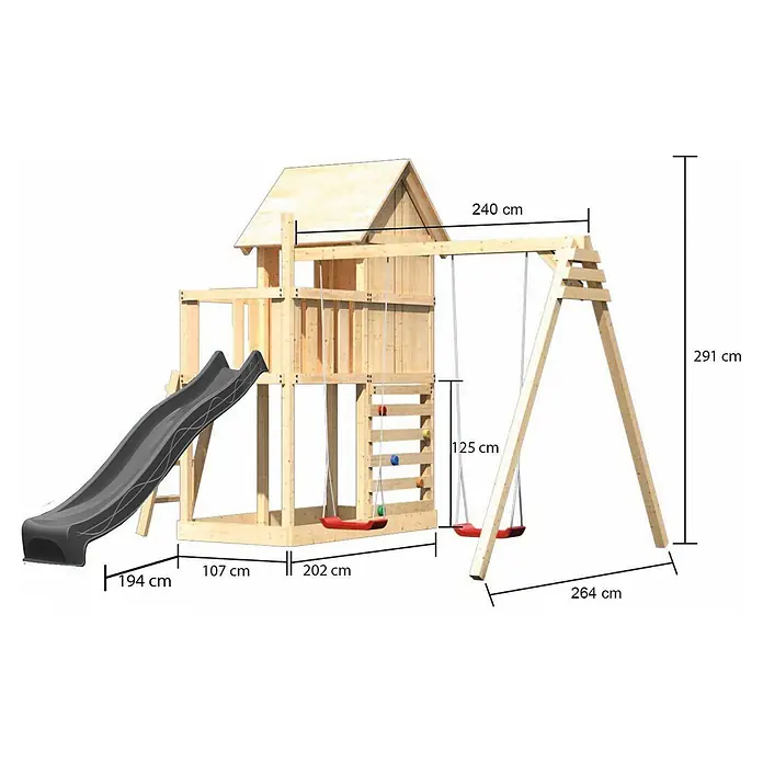 Karibu Spielhaus Set Frieda 69 - L x B x H: 107 x 107 x 291 cm, Holz, Naturbelassen - Holzspielhaus mit grauer Rutsche und Doppelschaukel, ideal für den Garten.