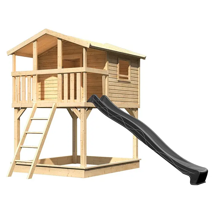 Karibu Spielhaus Benjamin Set 21 - L x B x H: 244 x 198 x 309 cm, Holz, Naturbelassen - Hölzernes Spielhaus mit erhöhter Plattform, Leiter und dunkelgrauer Rutsche. Ideal für den Außenbereich.