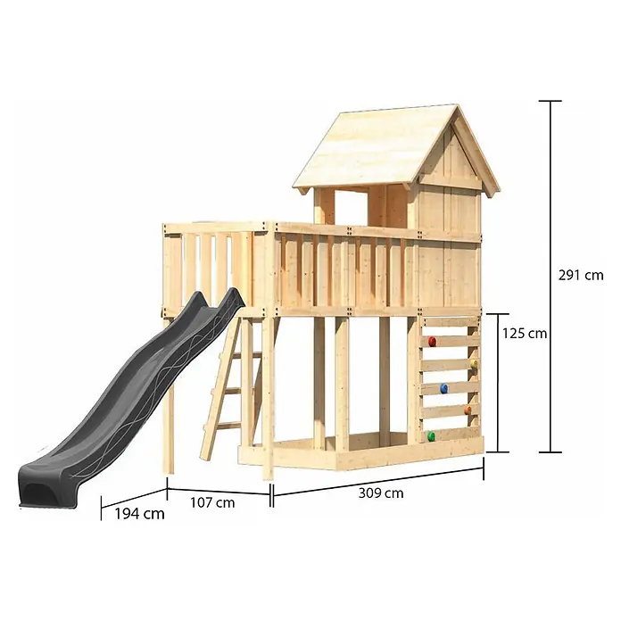 Karibu Spielhaus Set Frieda 62 - L x B x H: 107 x 107 x 291 cm, Holz, Naturbelassen - Hölzernes Spielhaus mit dunkelgrauer Rutsche und bunter Kletterwand für den Spielplatz.