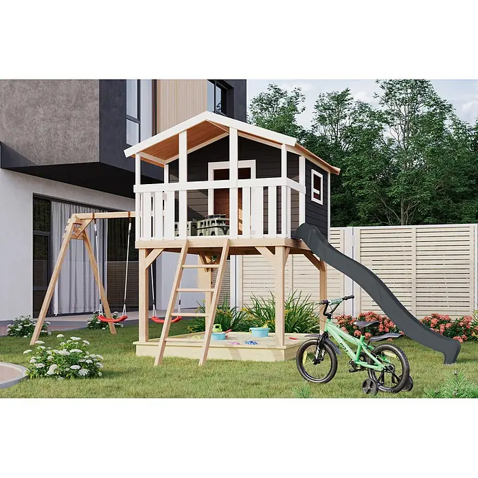 Karibu Spielhaus Benjamin Set 27 - L x B x H: 244 x 198 x 309 cm, Holz, Terragrau - Hölzernes Spielset mit dunklem Spielhaus, Rutsche, roten Schaukeln und Sandkasten im Garten.