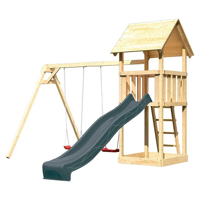 Karibu Kinderspielturm Set Lotti 58 - L x B x H: 107 x 107 x 291 cm, Holz, Naturbelassen - Hölzernes Spielgerüst mit Turm, dunkelgrauer Rutsche und zwei roten Schaukeln.