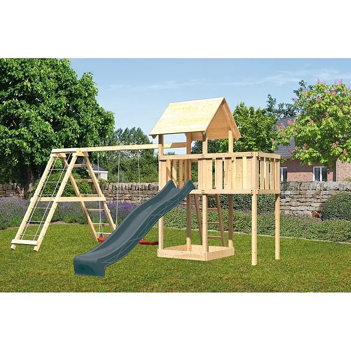 Karibu Kinderspielturm Set Lotti 66 - L x B x H: 107 x 107 x 291 cm, Holz, Naturbelassen - Spielturm aus Holz mit dunkelgrauer Rutsche und Schaukeln.
