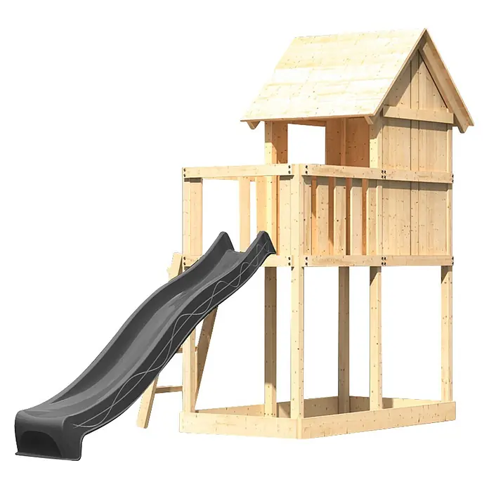 Karibu Spielhaus Set Frieda 65 - L x B x H: 107 x 107 x 291 cm, Holz, Naturbelassen - Spielturm aus Holz mit dunkler Rutsche.
