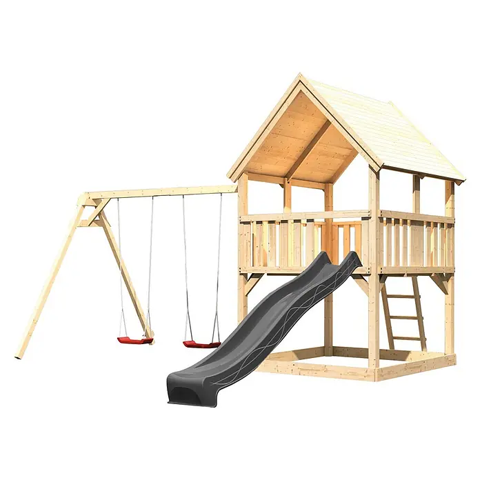 Karibu Kinderspielturm Set Luis 30 - L x B x H: 200 x 200 x 345 cm, Holz, Naturbelassen - Hölzernes Spielgerüst mit Spielhaus, dunkelgrauer Rutsche und Schaukelanlage mit zwei roten Schaukeln.