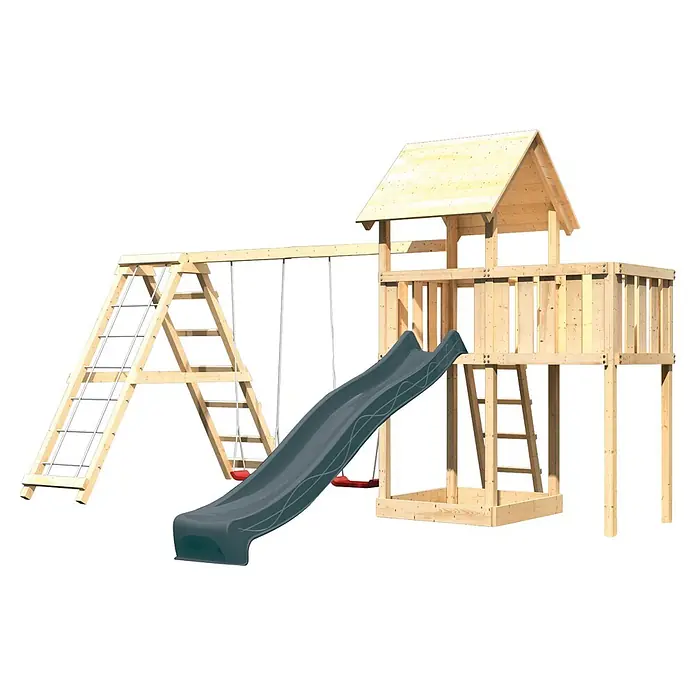 Karibu Kinderspielturm Set Lotti 66 - L x B x H: 107 x 107 x 291 cm, Holz, Naturbelassen - Hölzernes Spielgerüst mit dunkelgrauer Rutsche, zwei roten Schaukeln und erhöhtem Spielhaus mit Leiter.