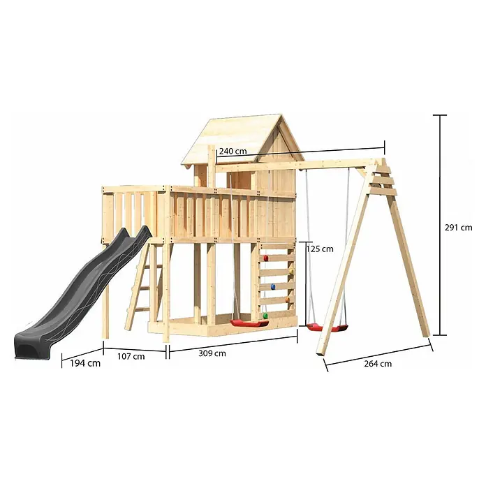 Karibu Spielhaus Set Frieda 61 - L x B x H: 107 x 107 x 291 cm, Holz, Naturbelassen - Hölzerner Spielturm mit grauer Rutsche, roten Schaukeln, Kletterwand und Spielhaus.