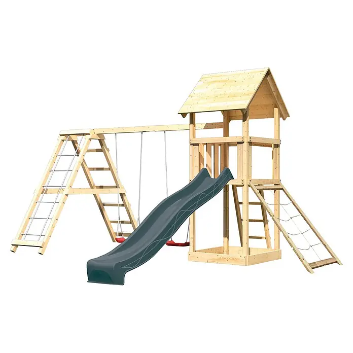 Karibu Kinderspielturm Set Lotti 63 - L x B x H: 107 x 107 x 291 cm, Holz, Naturbelassen - Spielturm aus Holz mit dunkelgrauer Rutsche, zwei roten Schaukeln und Kletterleiter.