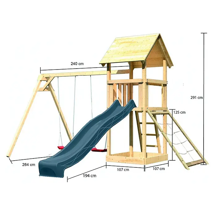 Karibu Kinderspielturm Set Lotti 62 - L x B x H: 107 x 107 x 291 cm, Holz, Naturbelassen - Hölzerner Spielplatz mit blauer Rutsche, zwei roten Schaukeln, Kletterturm und Netz. Kinderspielgerät für draußen.