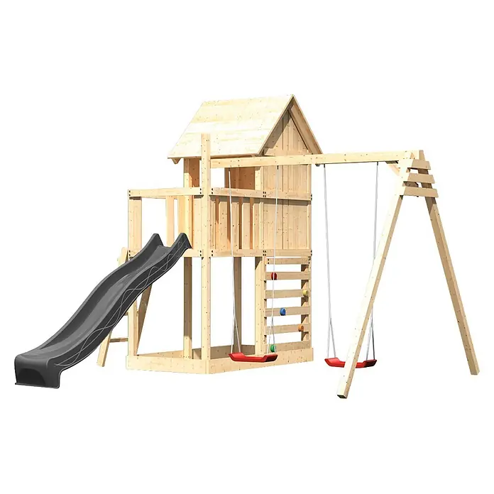 Karibu Spielhaus Set Frieda 69 - L x B x H: 107 x 107 x 291 cm, Holz, Naturbelassen - Hölzernes Kinderspielhaus mit grauer Rutsche, zwei roten Schaukeln, einem Häuschen und Kletterwand.