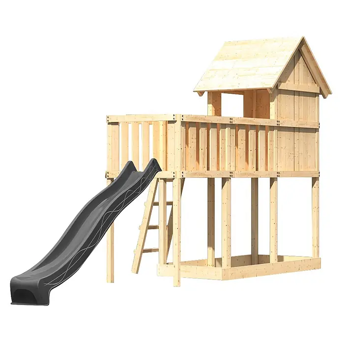 Karibu Spielhaus Set Frieda 67 - L x B x H: 107 x 107 x 291 cm, Holz, Naturbelassen - Hölzerne Spielturmkonstruktion mit einem hellen Holzspielhaus oben und einer dunkelgrauen Wellenrutsche.