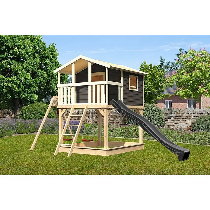 Karibu Spielhaus Benjamin Set 27 - L x B x H: 244 x 198 x 309 cm, Holz, Terragrau - Hölzernes Spielhaus mit dunkelgrauen Paneelen, schwarzer Rutsche und zwei roten Schaukeln.