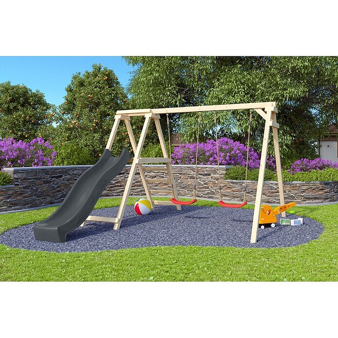 Karibu Doppelschaukel Felix mit Rutsche (L x B x H: 308 x 264 x 213 cm, Holz, Naturbelassen) | BAUHAUS