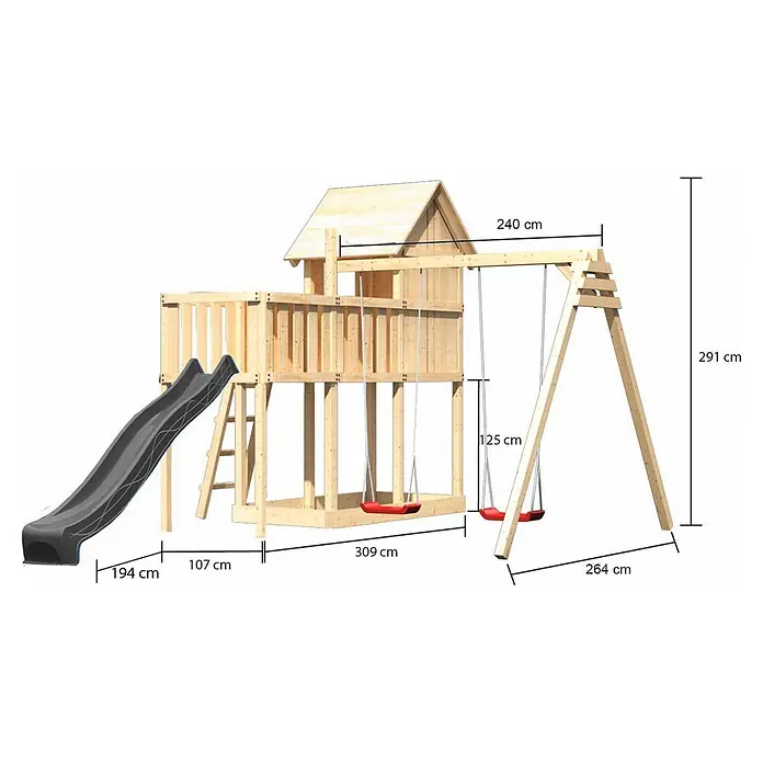 Karibu Spielhaus Set Frieda 58 - L x B x H: 107 x 107 x 291 cm, Holz, Naturbelassen - Hölzernes Spielgerüst mit Spielhaus, dunkelgrauer Rutsche und zwei roten Schaukeln, Maße angegeben.