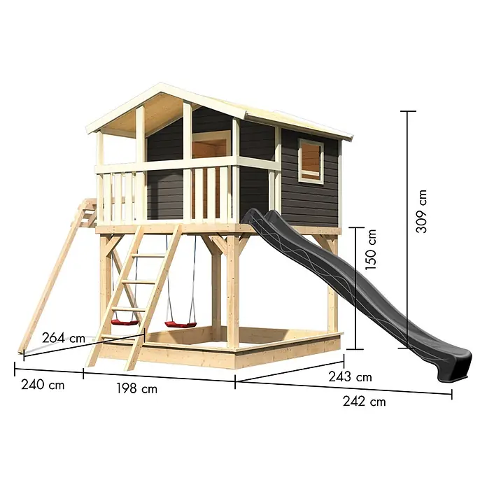 Karibu Spielhaus Benjamin Set 27 - L x B x H: 244 x 198 x 309 cm, Holz, Terragrau - Holzspielplatz mit dunkelgrauem Spielhaus, Naturholzrahmen, schwarzer Rutsche, roten Schaukeln und integriertem Sandkasten.