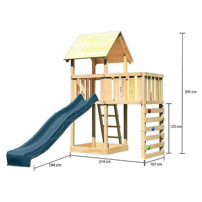 Karibu Kinderspielturm Set Lotti 67 - L x B x H: 107 x 107 x 291 cm, Holz, Naturbelassen - Holzspielplatz mit blauer Rutsche, Kletterwand, Leiter und Spielhaus.