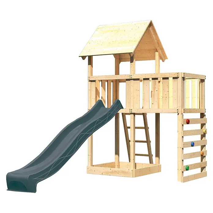 Karibu Kinderspielturm Set Lotti 67 - L x B x H: 107 x 107 x 291 cm, Holz, Naturbelassen - Holz-Spielturm für Kinder mit dunkelgrauer Rutsche, Kletterwand mit bunten Griffen und Leiter.