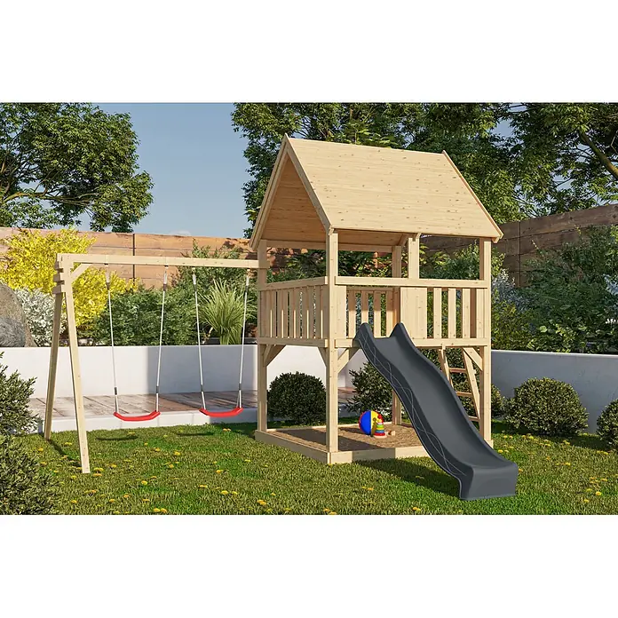 Karibu Kinderspielturm Set Luis 30 - L x B x H: 200 x 200 x 345 cm, Holz, Naturbelassen - Holzspielturm mit Haus, grauer Rutsche und roten Schaukeln in einem grünen Garten.