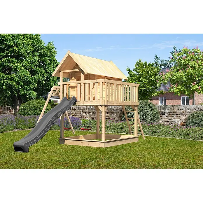 Karibu Spielhaus Set Fidel 23 - L x B x H: 243 x 198 x 329,5 cm, Holz, Naturbelassen - Hölzernes Spielhaus mit dunkelgrauer Rutsche und Sandkasten.