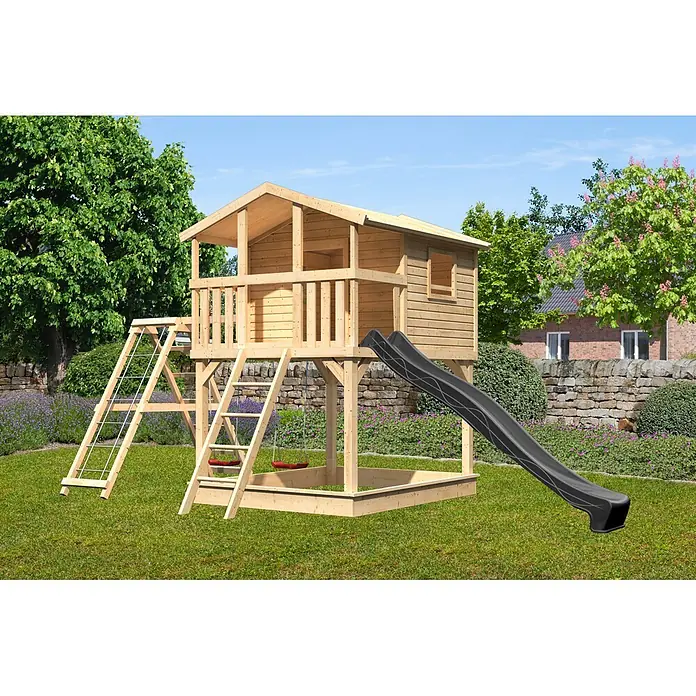 Karibu Spielhaus Benjamin Set 28 - L x B x H: 244 x 198 x 309 cm, Holz, Naturbelassen - Hölzernes Spielhaus mit schwarzer Rutsche, Kletterleiter, Schaukeln und Sandkasten.