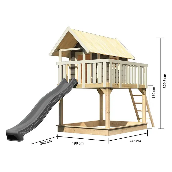 Karibu Spielhaus Set Fidel 22 - L x B x H: 243 x 198 x 329,5 cm, Holz, Terragrau - Holzspielhaus mit Rutsche und Sandkasten, mit erhöhter Kabine, Leiter und Akzenten in Naturholz und Grau.
