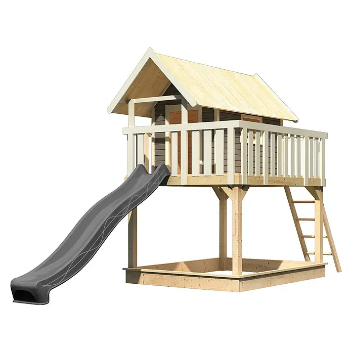 Karibu Spielhaus Set Fidel 22 - L x B x H: 243 x 198 x 329,5 cm, Holz, Terragrau - Hölzernes Spielhaus mit erhöhter Struktur, grauer Rutsche und integriertem Sandkasten darunter.