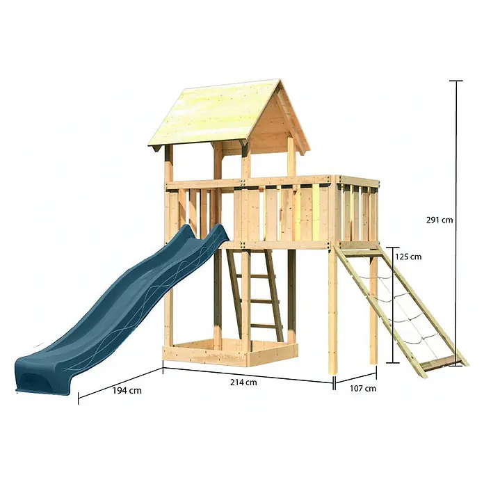 Karibu Kinderspielturm Set Lotti 72 - L x B x H: 107 x 107 x 291 cm, Holz, Naturbelassen - Hölzernes Spielhaus mit blauer Rutsche, erhöhter Plattform mit Dach und Kletternetz für Kinder.