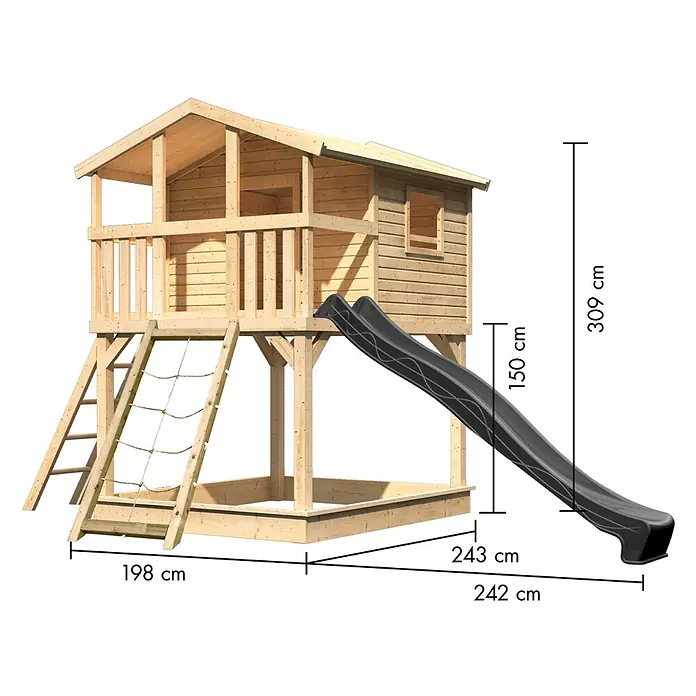Karibu Spielhaus Benjamin Set 20 - L x B x H: 244 x 198 x 309 cm, Holz, Naturbelassen - Erhöhtes Holzspielhaus mit dunkler Rutsche, Kletternetz und Sandkastenbasis, Maße angegeben.