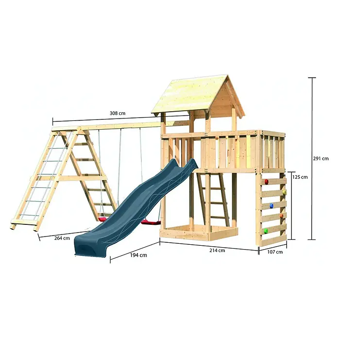 Karibu Kinderspielturm Set Lotti 70 - L x B x H: 107 x 107 x 291 cm, Holz, Naturbelassen - Holzspielplatz mit blauer Rutsche, zwei roten Schaukeln und Kletterwand mit bunten Griffen für den Outdoor-Spielspaß von Kindern.