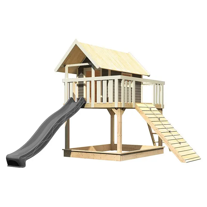 Karibu Spielhaus Set Fidel 25 - L x B x H: 243 x 198 x 329,5 cm, Holz, Terragrau - Hölzernes Spielhaus mit grauer Rutsche, Leiter und integriertem Sandkasten für Kinder.