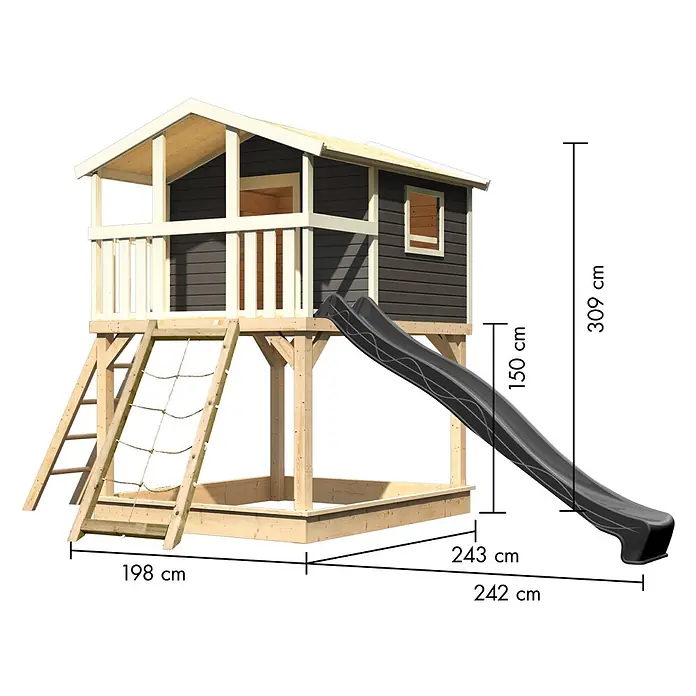 Karibu Spielhaus Benjamin Set 23 - L x B x H: 244 x 198 x 309 cm, Holz, Terragrau - Ein erhöhtes Holzspielhaus mit dunkelgrauem Haus, Naturholzrahmen, dunkler Rutsche, Strickleiter und Sandkastenbasis, mit Maßen.