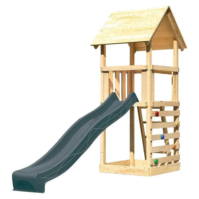 Karibu Kinderspielturm Set Lotti 59 - L x B x H: 107 x 107 x 291 cm, Holz, Naturbelassen - Hölzerner Spielturm mit grauer Rutsche und Kletterwand für den Außenbereich.